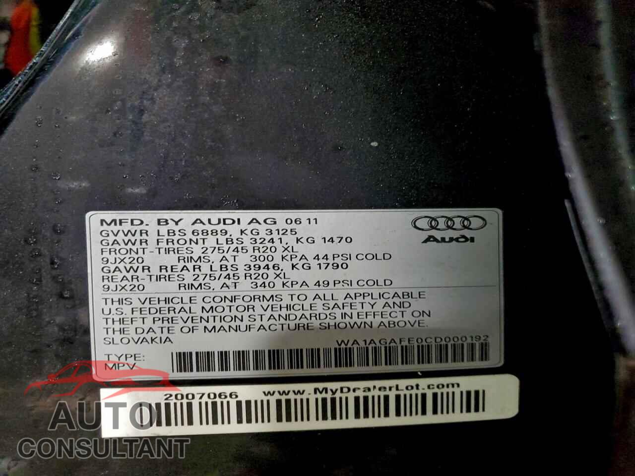 AUDI Q7 2012 - WA1AGAFE0CD000192