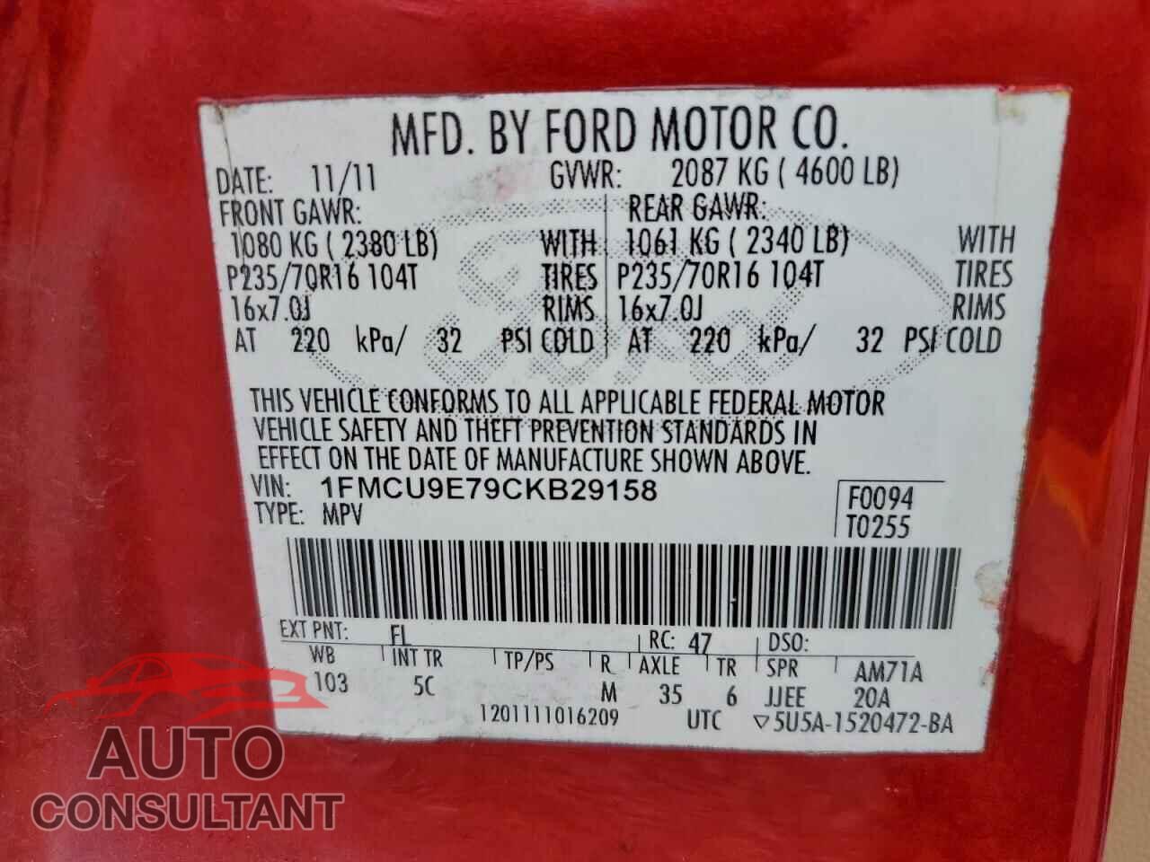 FORD ESCAPE 2012 - 1FMCU9E79CKB29158