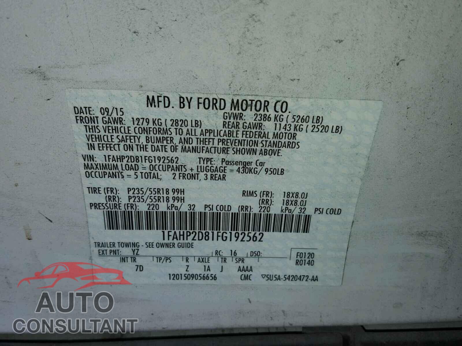FORD TAURUS 2015 - 1FAHP2D81FG192562