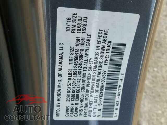 HONDA RIDGELINE 2017 - 5FPYK2F59HB007397