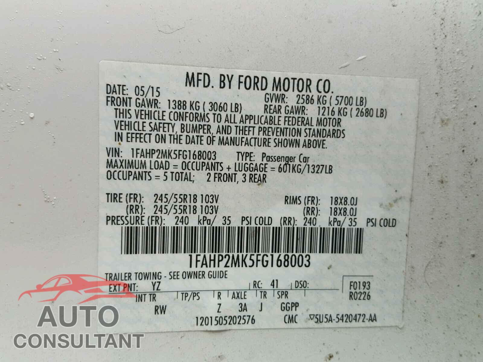 FORD TAURUS 2015 - 1FAHP2MK5FG168003