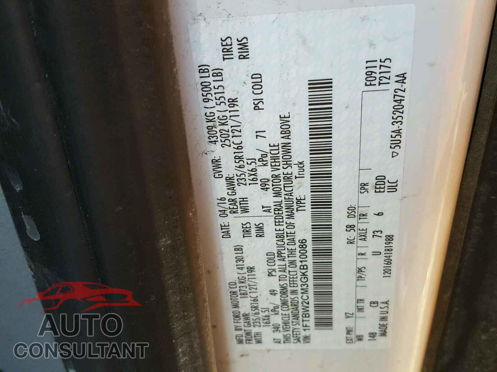 FORD TRANSIT CO 2016 - 1FTBW2CM3GKB10086