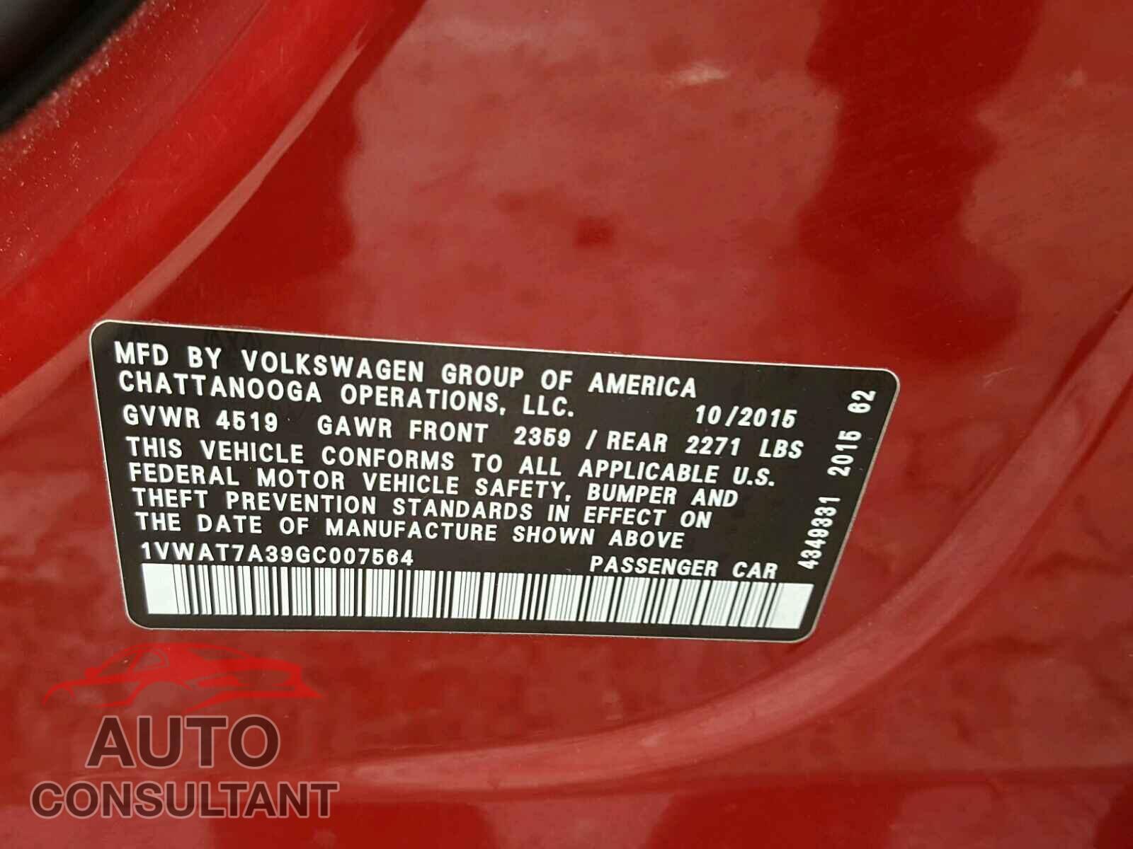 VOLKSWAGEN PASSAT 2016 - 1VWAT7A39GC007564