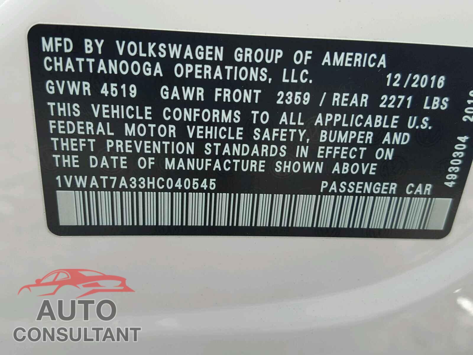 VOLKSWAGEN PASSAT 2017 - 1VWAT7A33HC040545