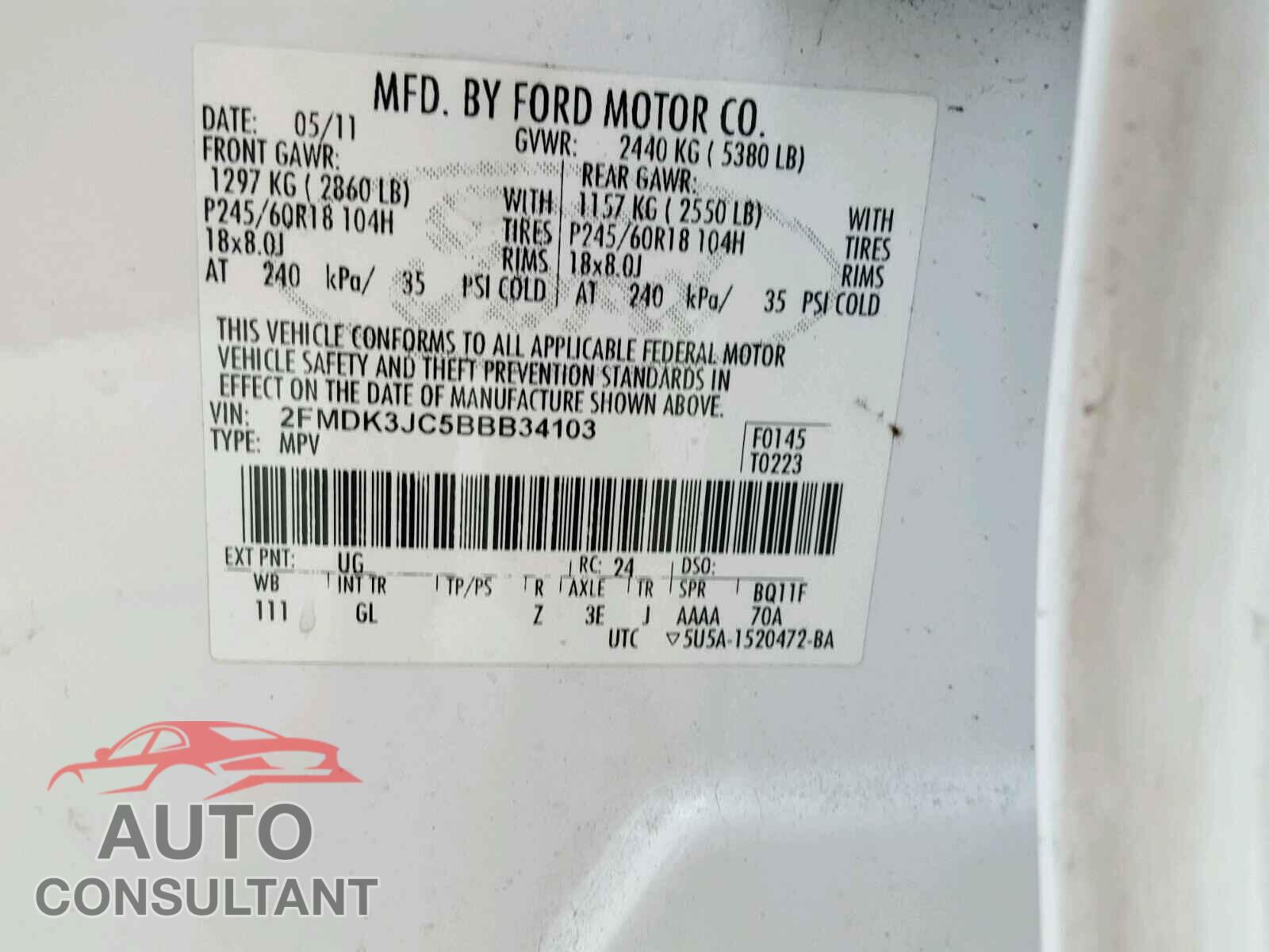 FORD EDGE 2011 - 2FMDK3JC5BBB34103
