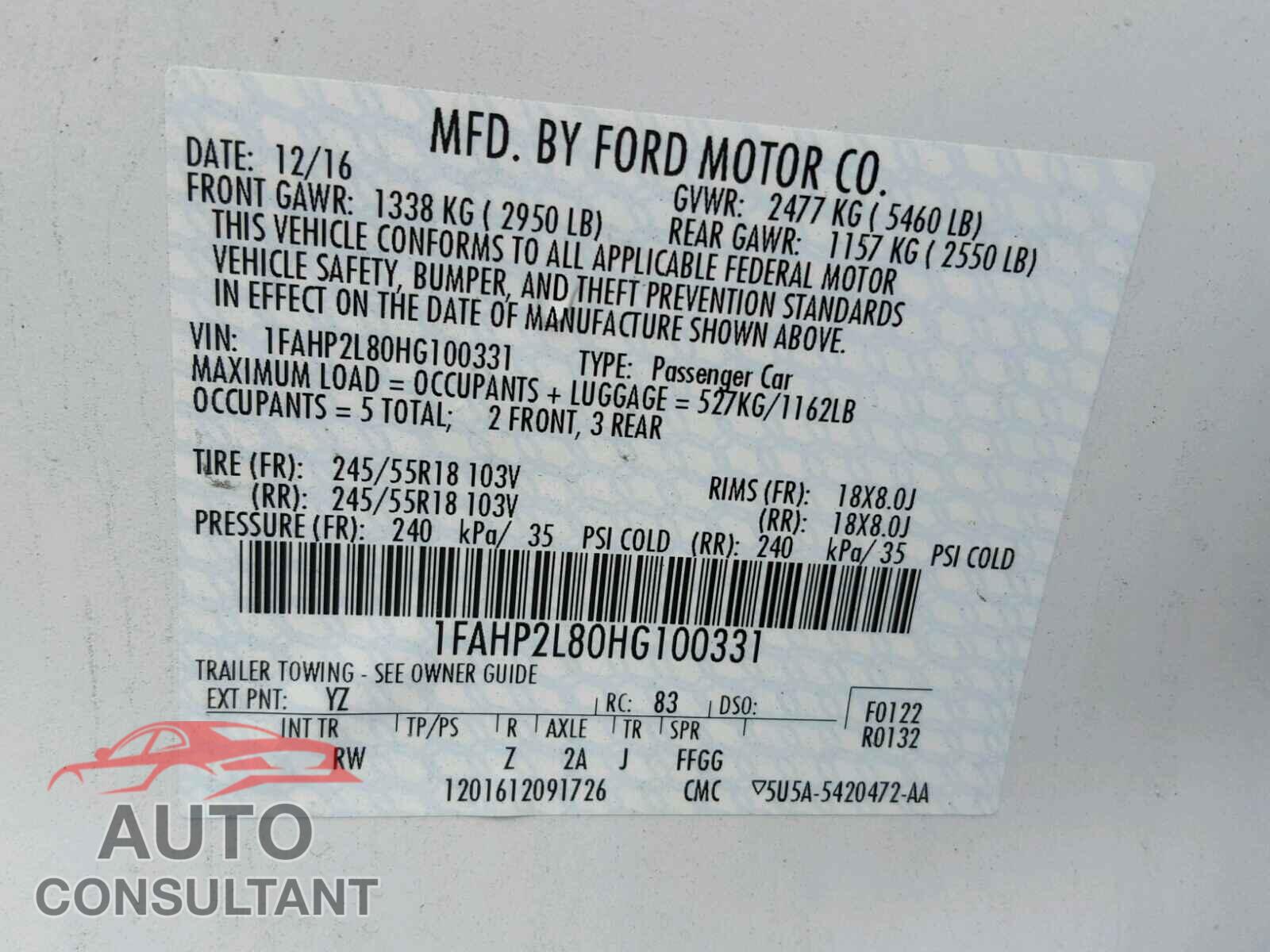 FORD TAURUS 2017 - 1FAHP2L80HG100331