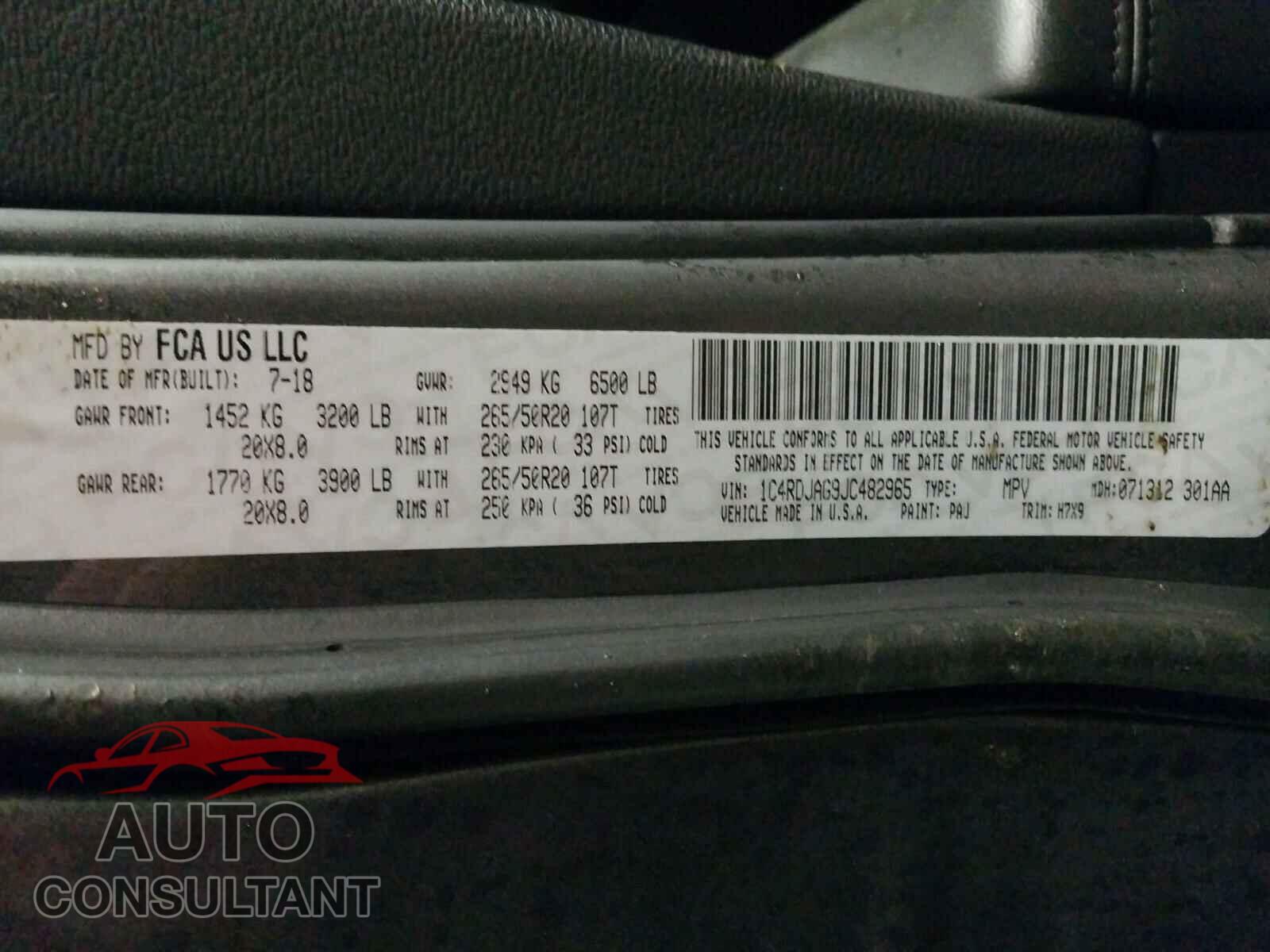DODGE DURANGO 2018 - 1C4RDJAG9JC482965