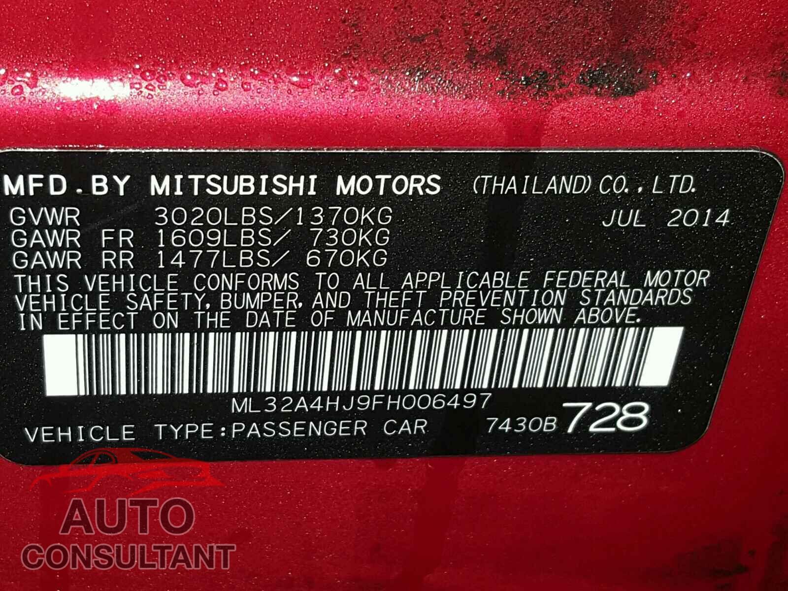 MITSUBISHI MIRAGE 2015 - ML32A4HJ9FH006497