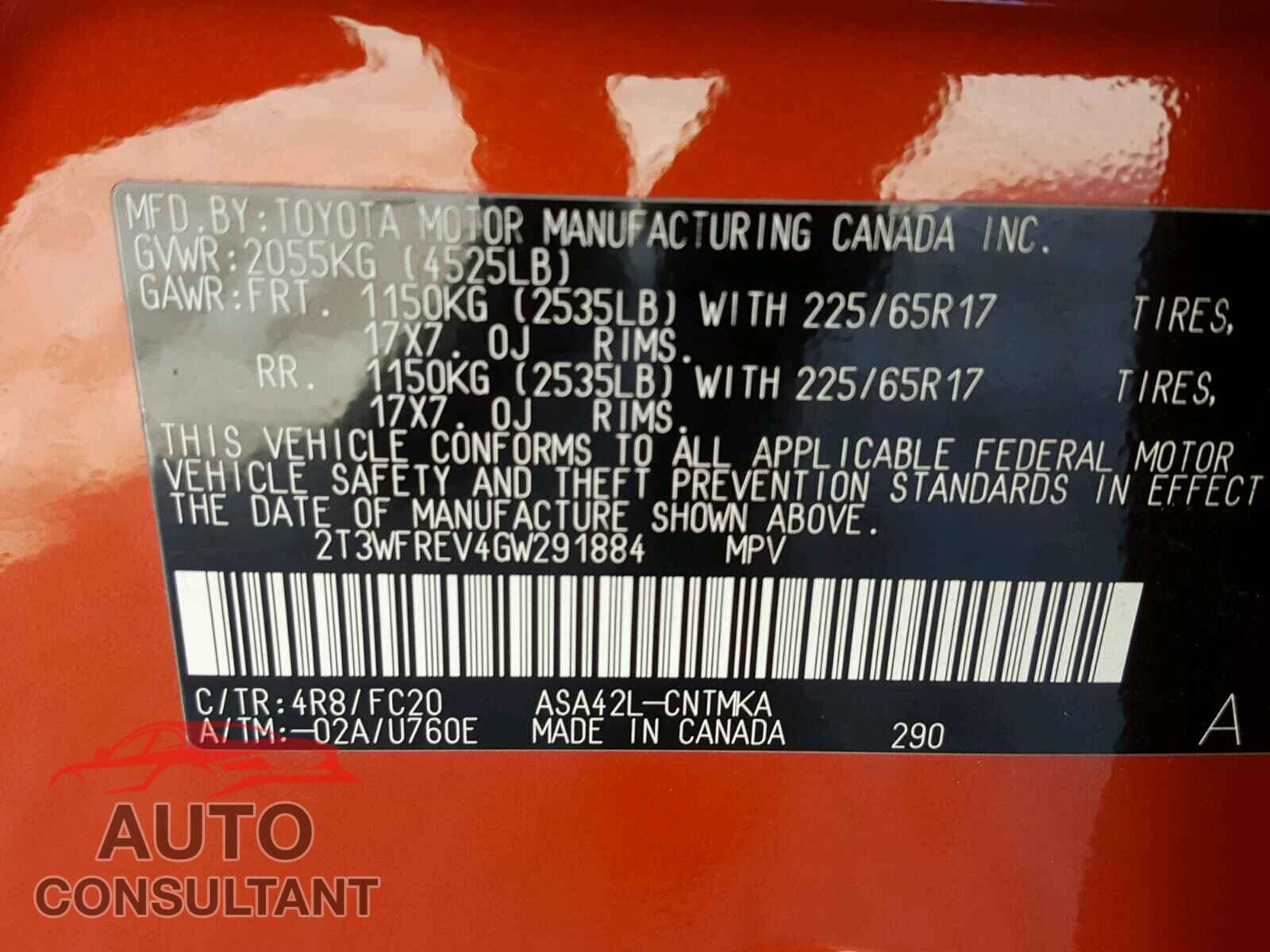 TOYOTA RAV4 2016 - 2T3WFREV4GW291884