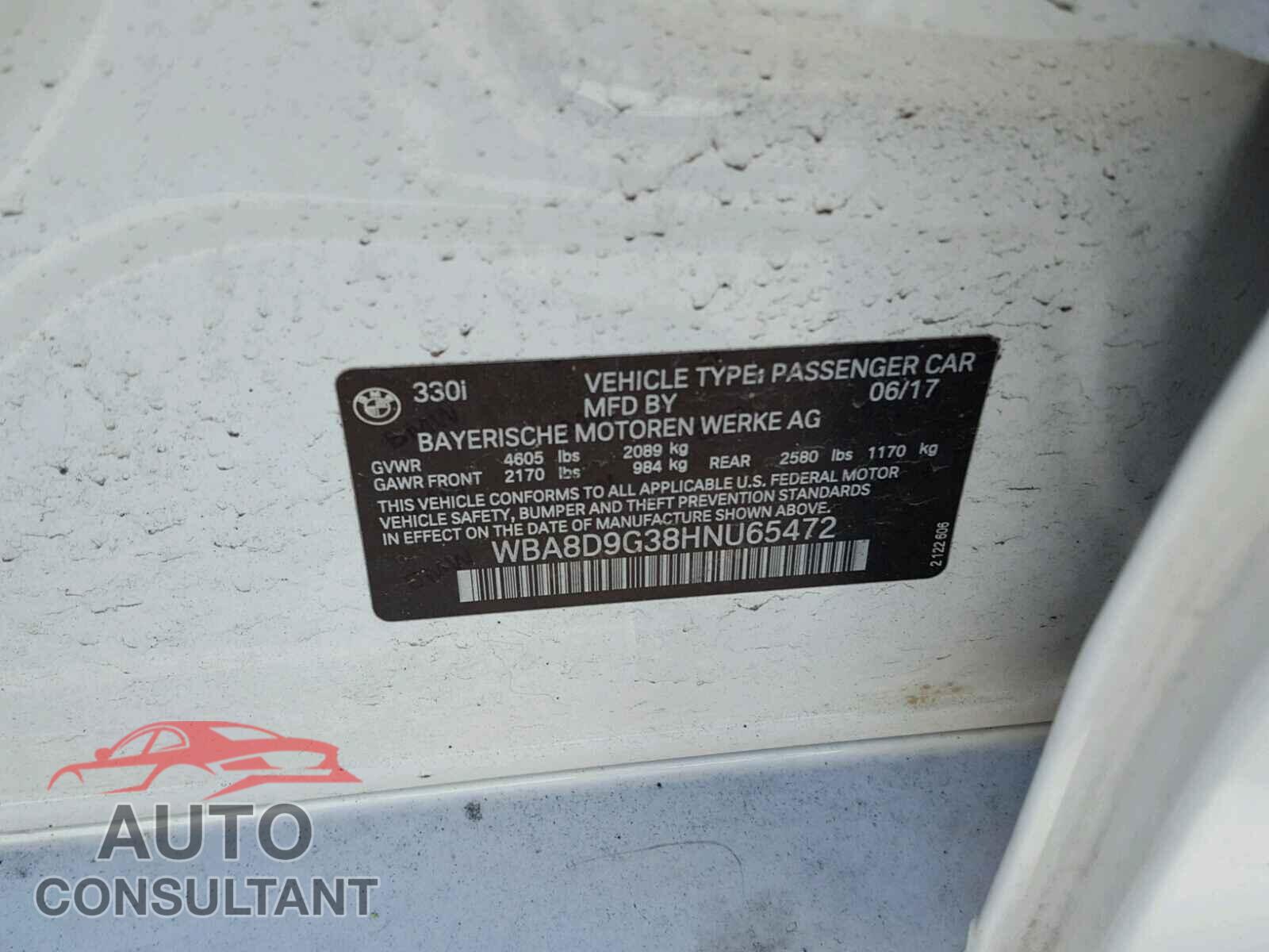 BMW 3 SERIES 2017 - WBA8D9G38HNU65472