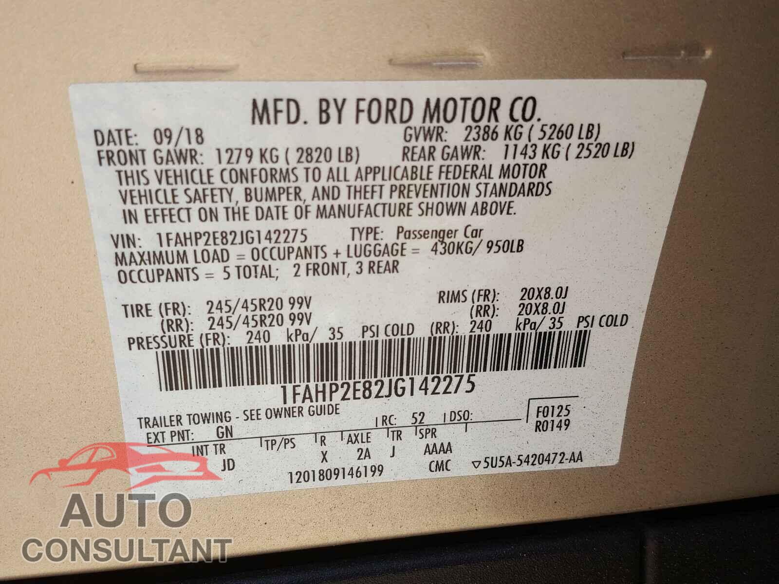 FORD TAURUS 2018 - 1FAHP2E82JG142275