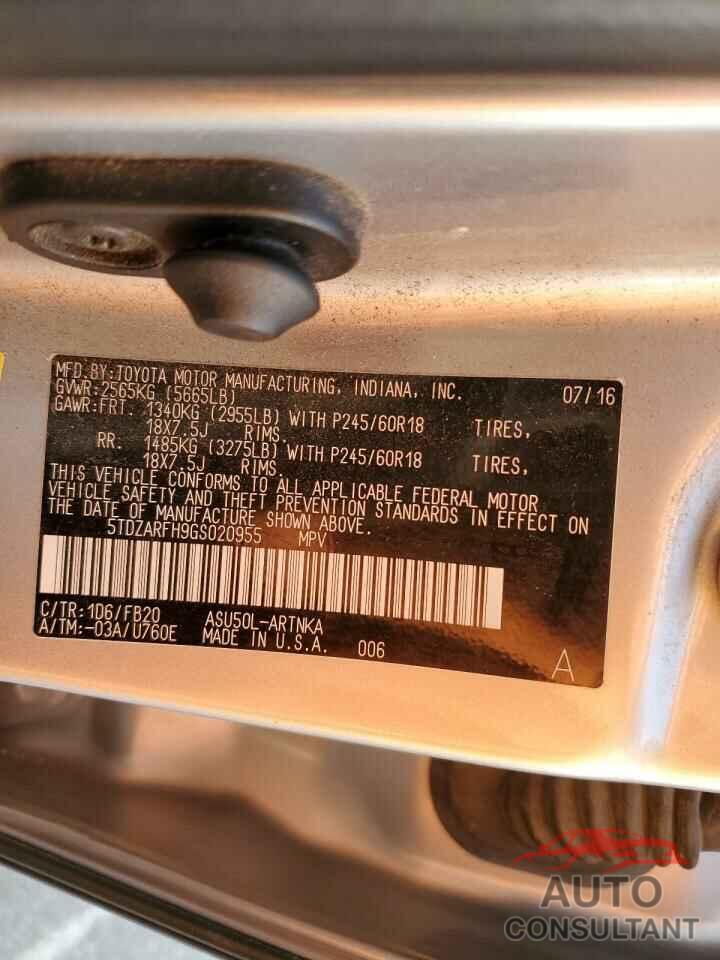 TOYOTA HIGHLANDER 2016 - 5TDZARFH9GS020955