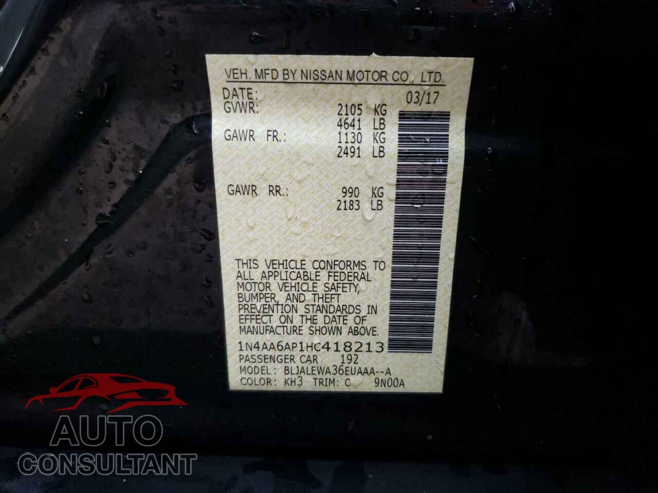 NISSAN MAXIMA 2017 - 1N4AA6AP1HC418213