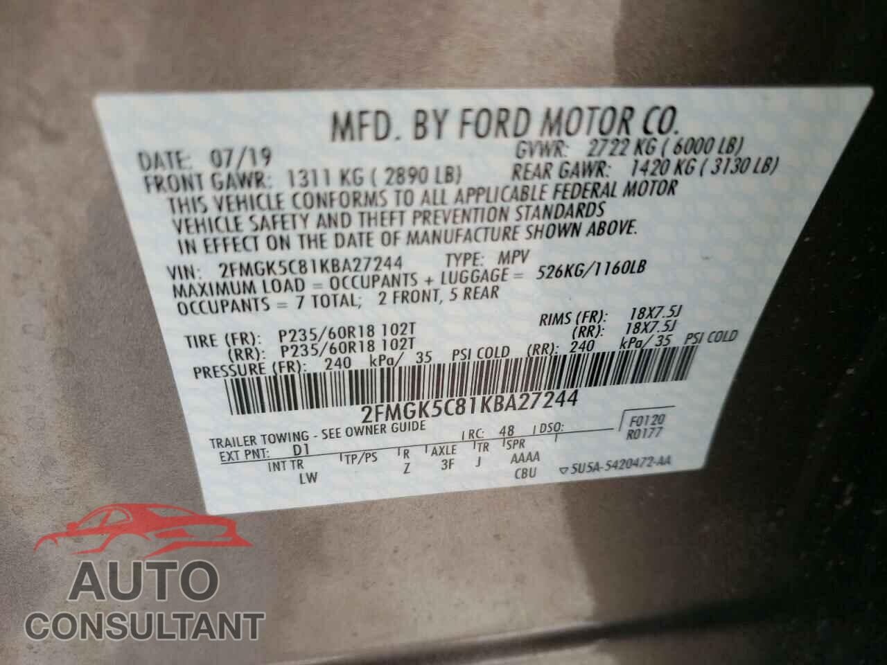 FORD FLEX 2019 - 2FMGK5C81KBA27244