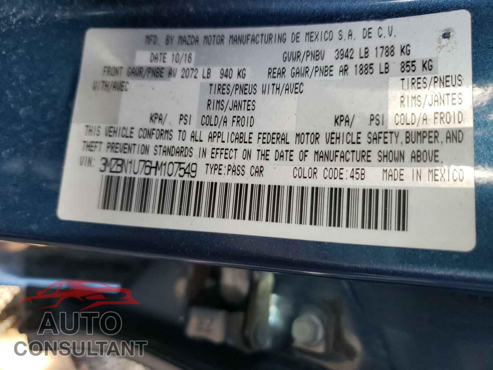 MAZDA 3 2017 - 3MZBN1U76HM107549