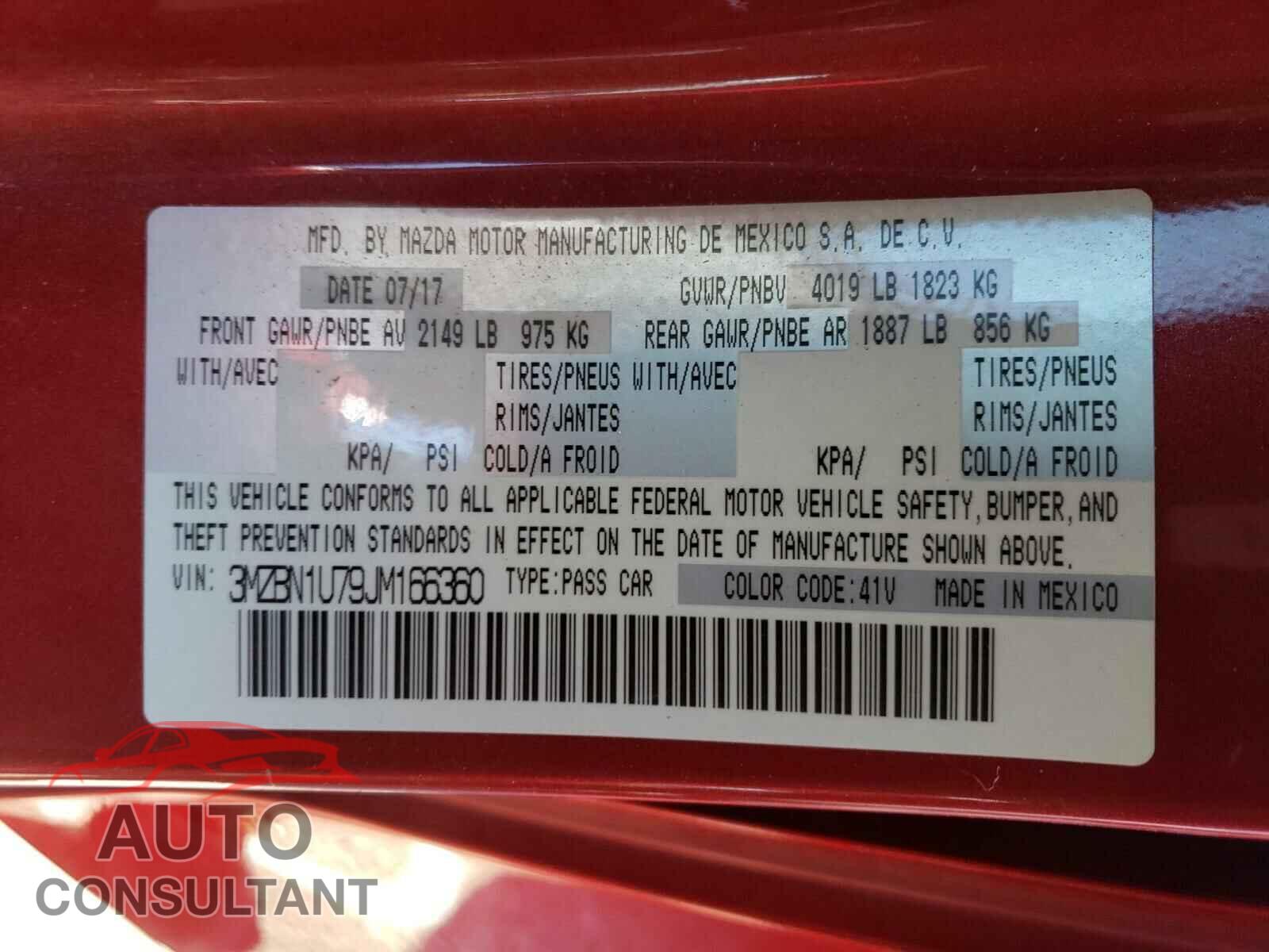 MAZDA 3 2018 - 3MZBN1U79JM166360