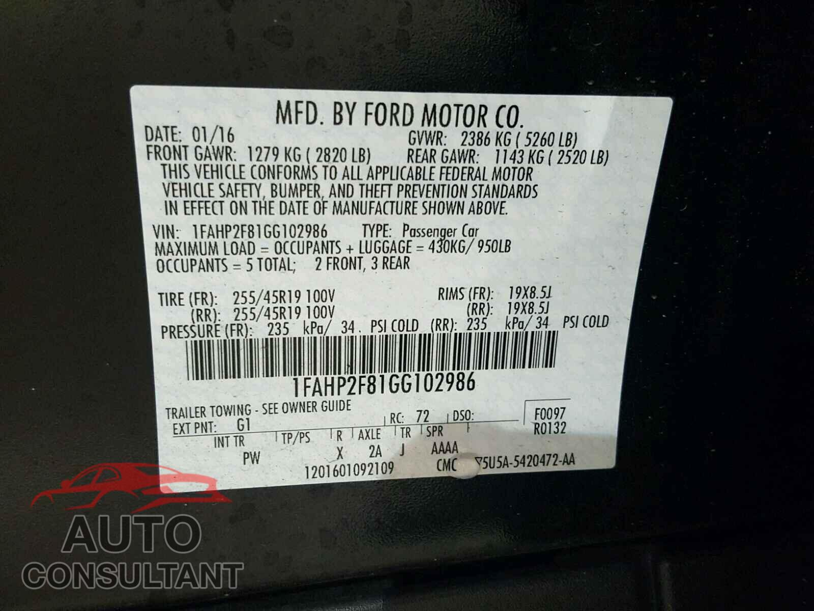 FORD TAURUS 2016 - 1FAHP2F81GG102986