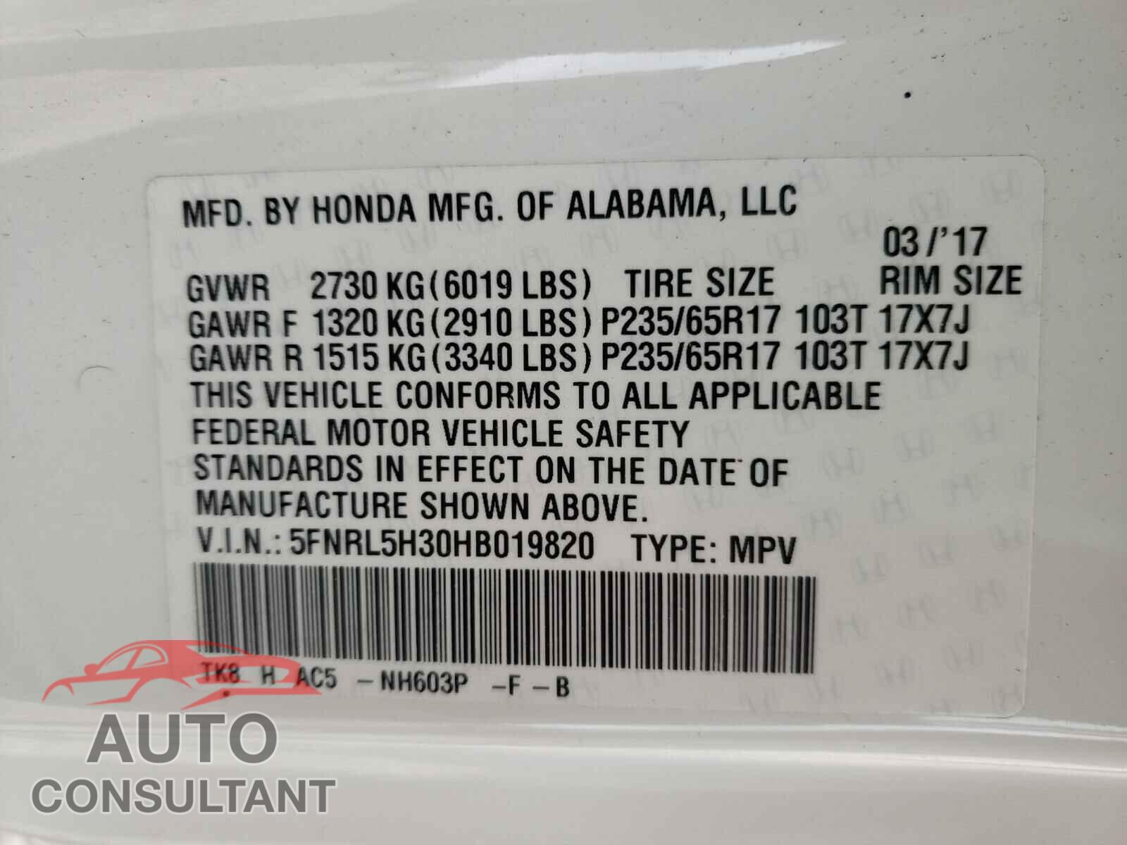 HONDA ODYSSEY 2017 - 5FNRL5H30HB019820