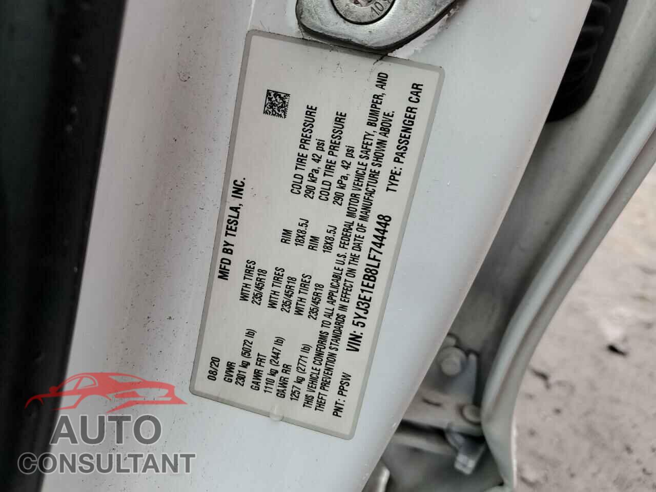 TESLA MODEL 3 2020 - 5YJ3E1EB8LF744448