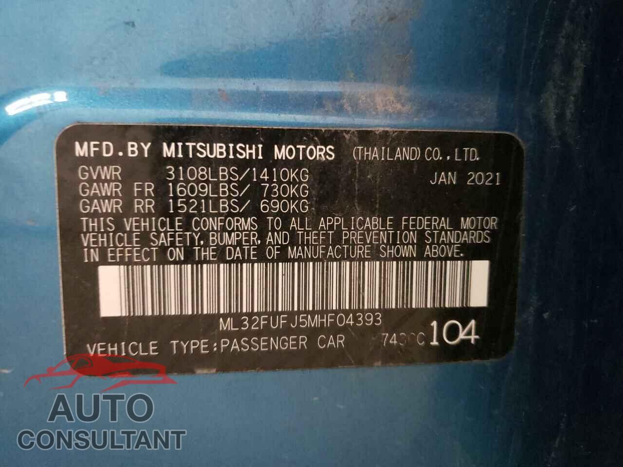 MITSUBISHI MIRAGE 2021 - ML32FUFJ5MHF04393
