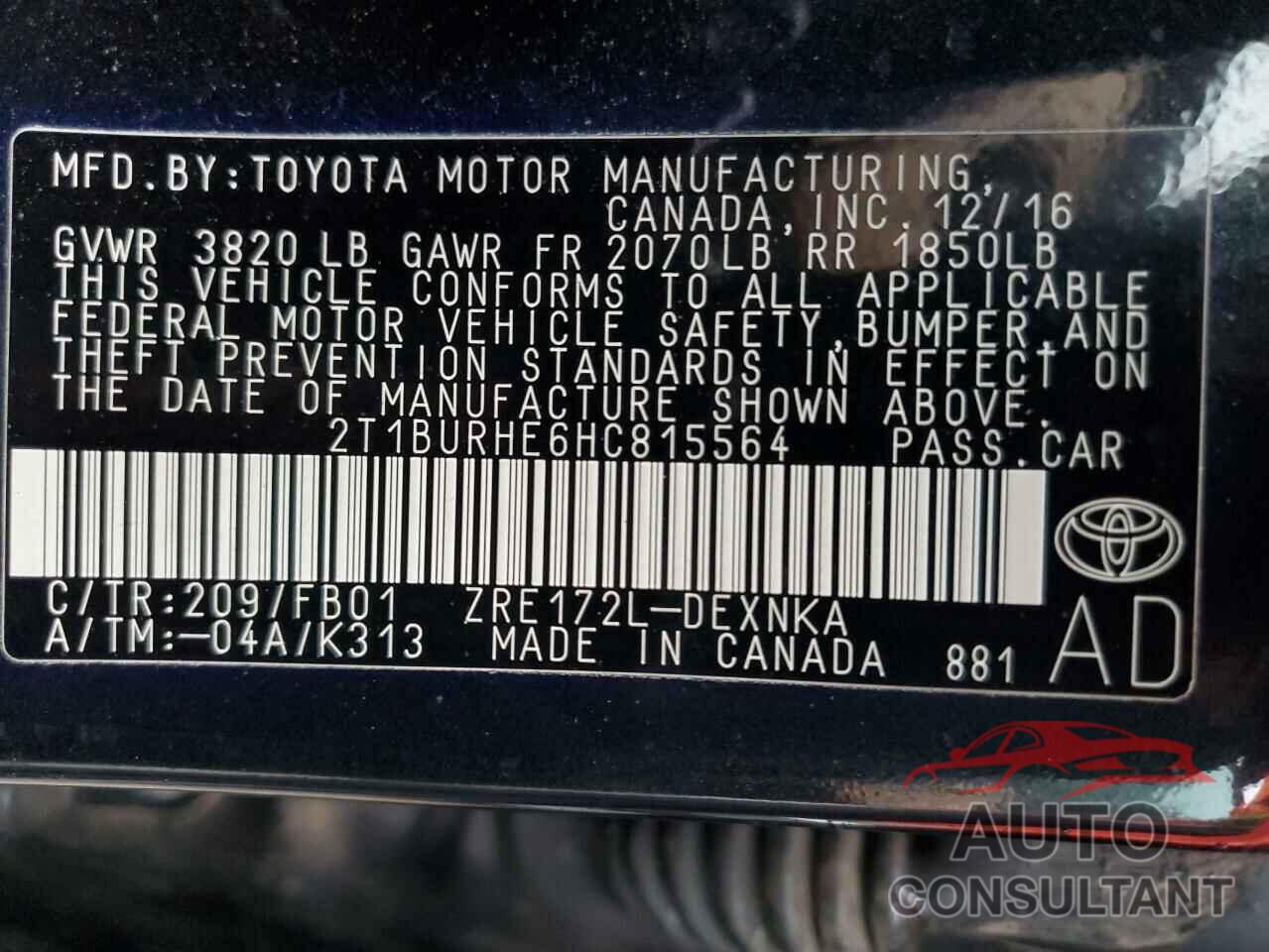 TOYOTA COROLLA 2017 - 2T1BURHE6HC815564