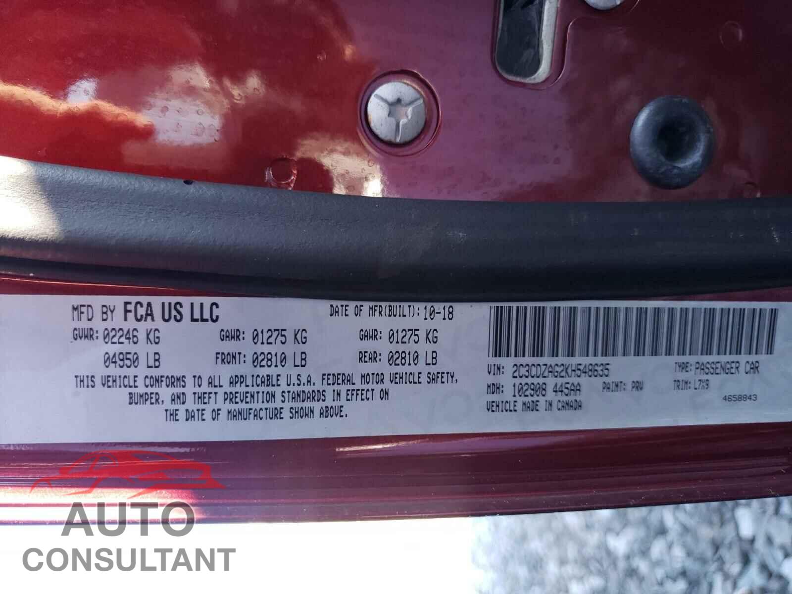 DODGE CHALLENGER 2019 - 2C3CDZAG2KH548635