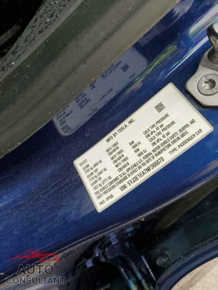 TESLA MODEL 3 2022 - 5YJ3E1EA7NF368870
