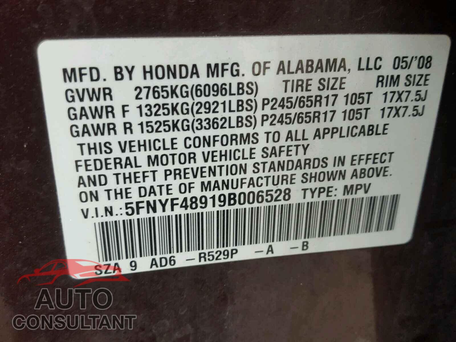 HONDA PILOT 2009 - 5FNYF48919B006528
