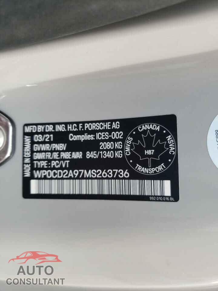 PORSCHE 911 2021 - WP0CD2A97MS263736