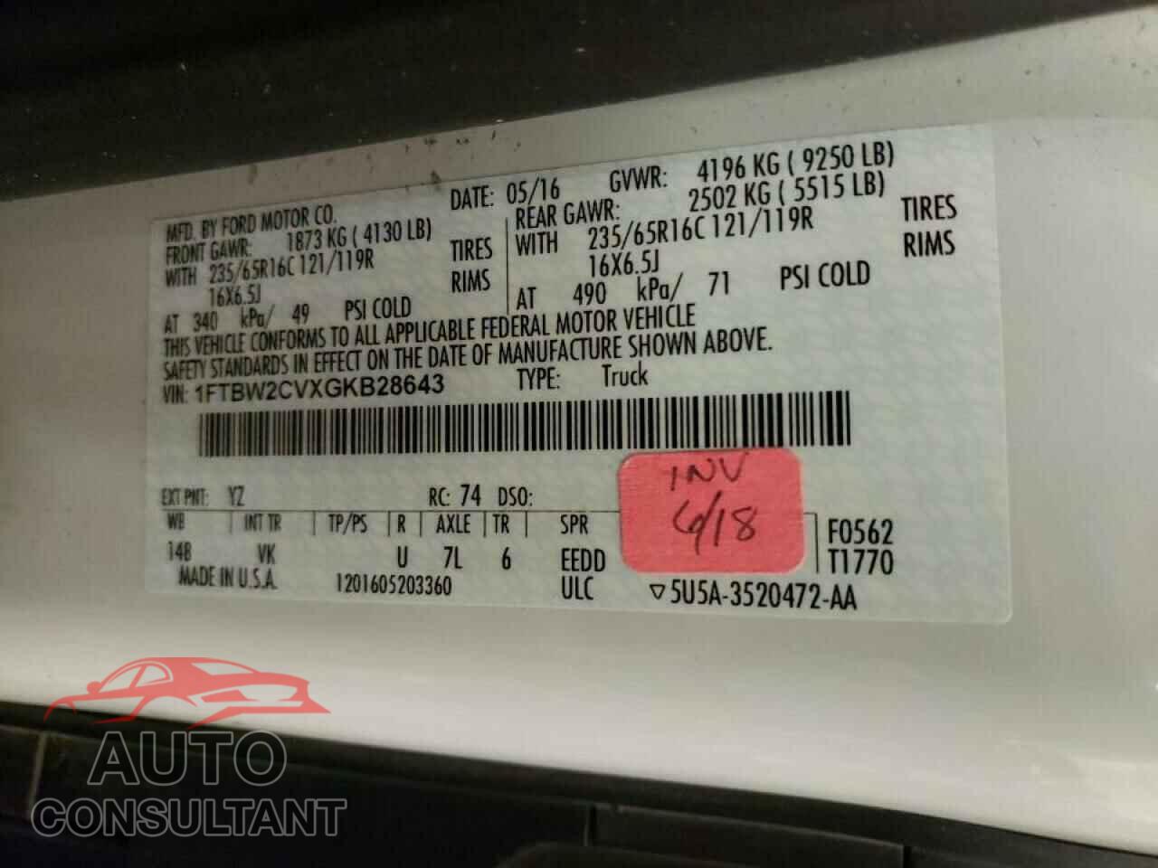 FORD TRANSIT CO 2016 - 1FTBW2CVXGKB28643