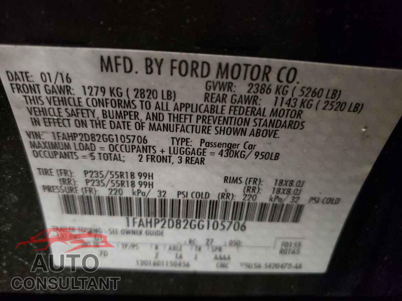 FORD TAURUS 2016 - 1FAHP2D82GG105706