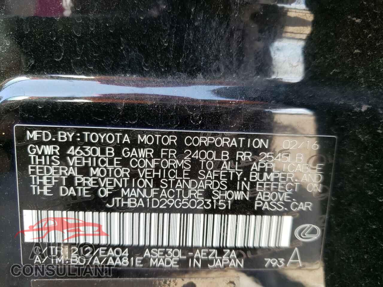 LEXUS IS 2016 - JTHBA1D29G5023151