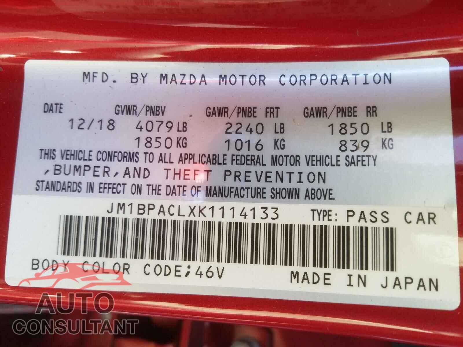 MAZDA 3 2019 - JM1BPACLXK1114133