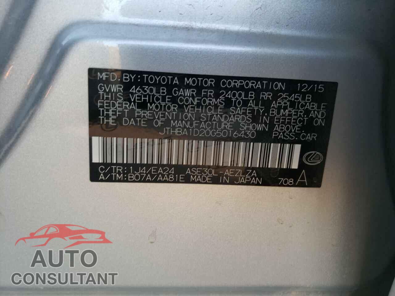 LEXUS IS 2016 - JTHBA1D20G5016430