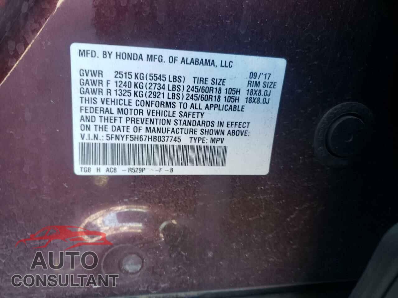 HONDA PILOT 2017 - 5TDJZRFH5JS561157