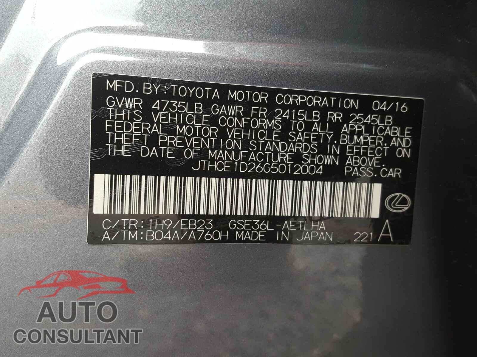 LEXUS IS 2016 - JTHCE1D26G5012004