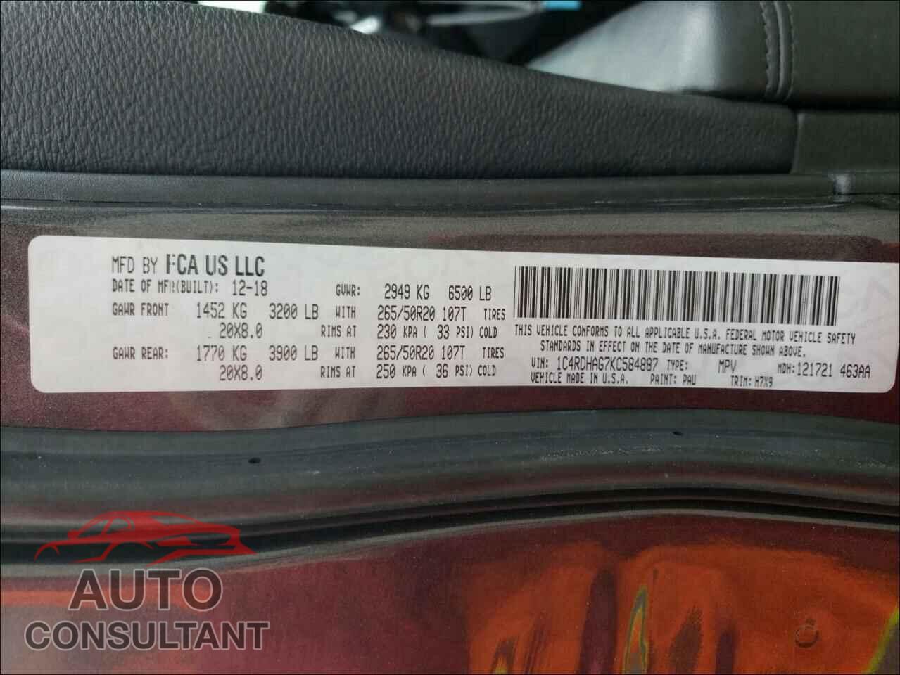 DODGE DURANGO 2019 - 1C4RDHAG7KC584887