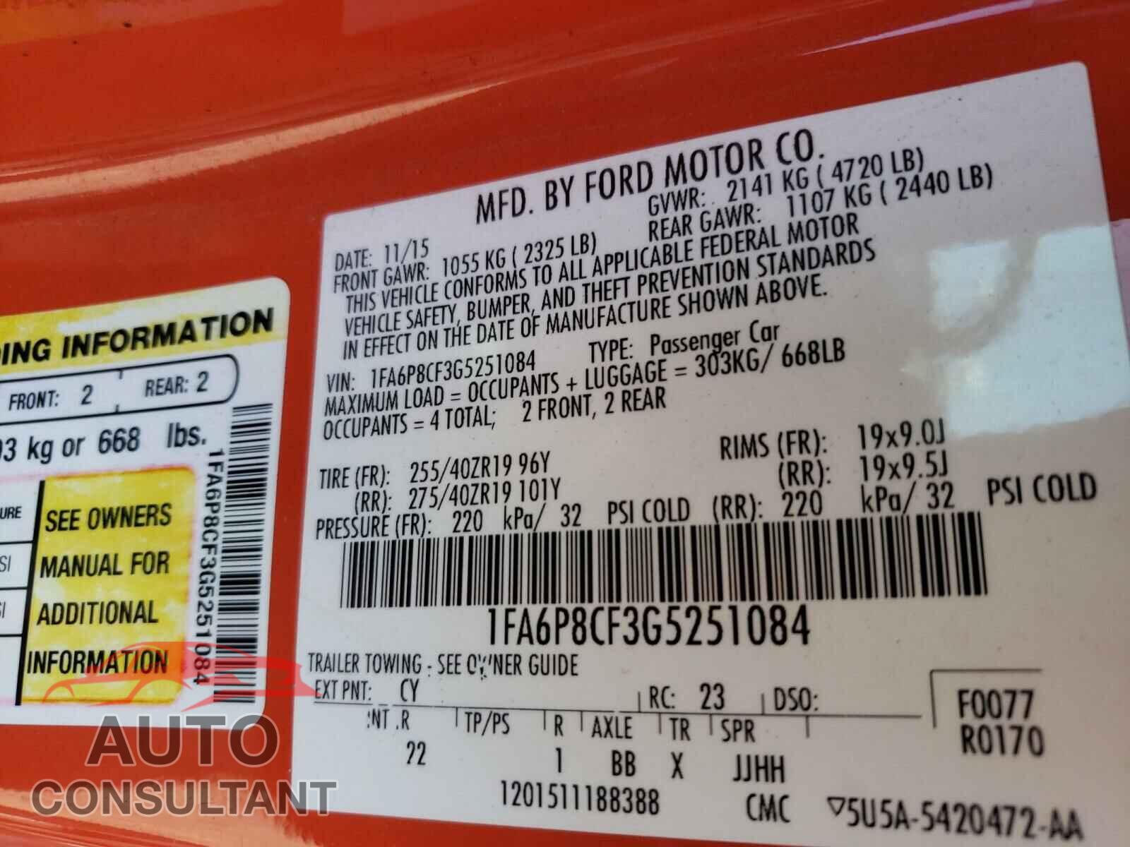 FORD MUSTANG 2016 - 1FA6P8CF3G5251084