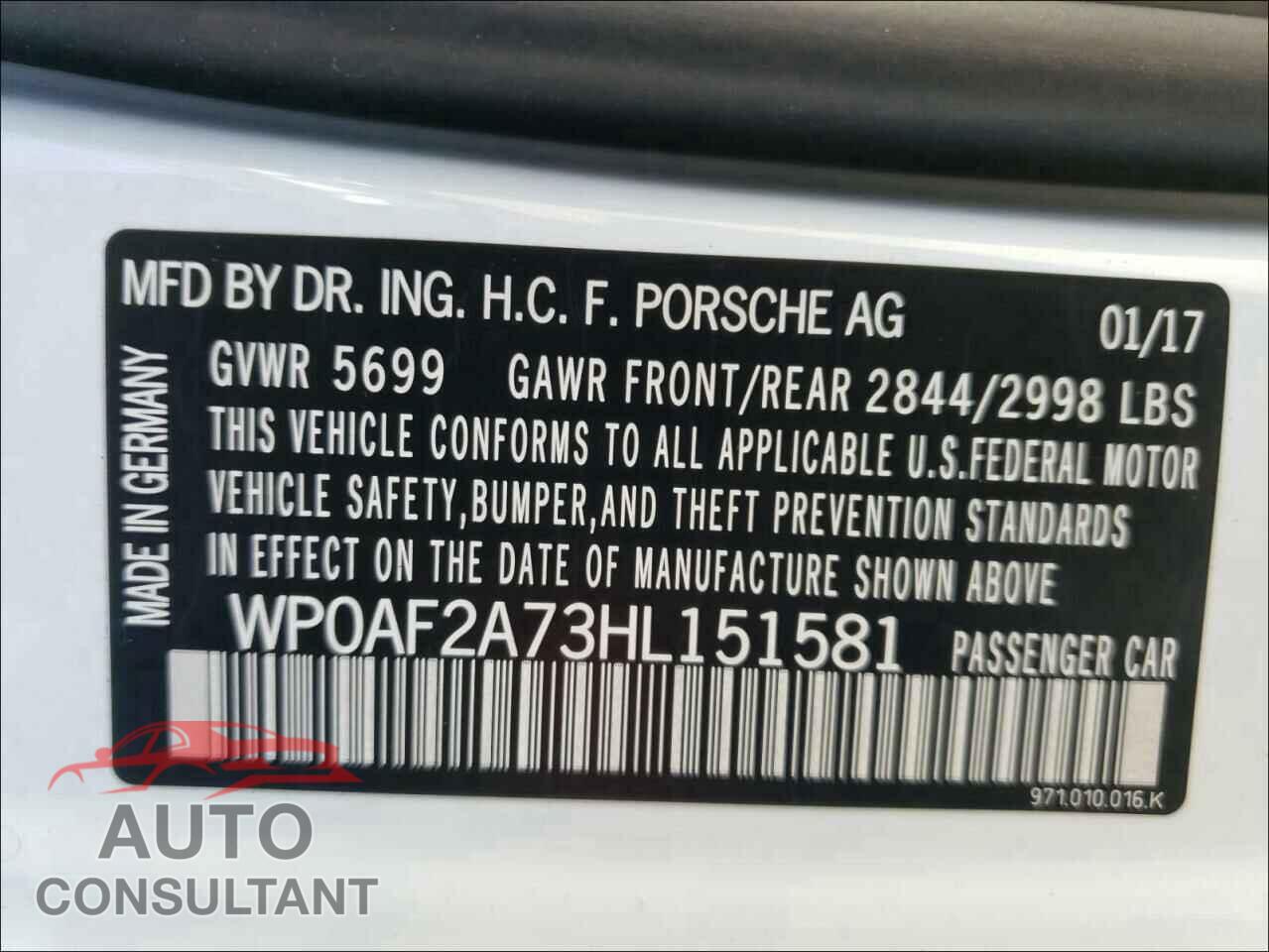 PORSCHE PANAMERA 2017 - WP0AF2A73HL151581