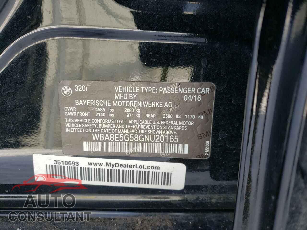 BMW 3 SERIES 2016 - WBA8E5G58GNU20165