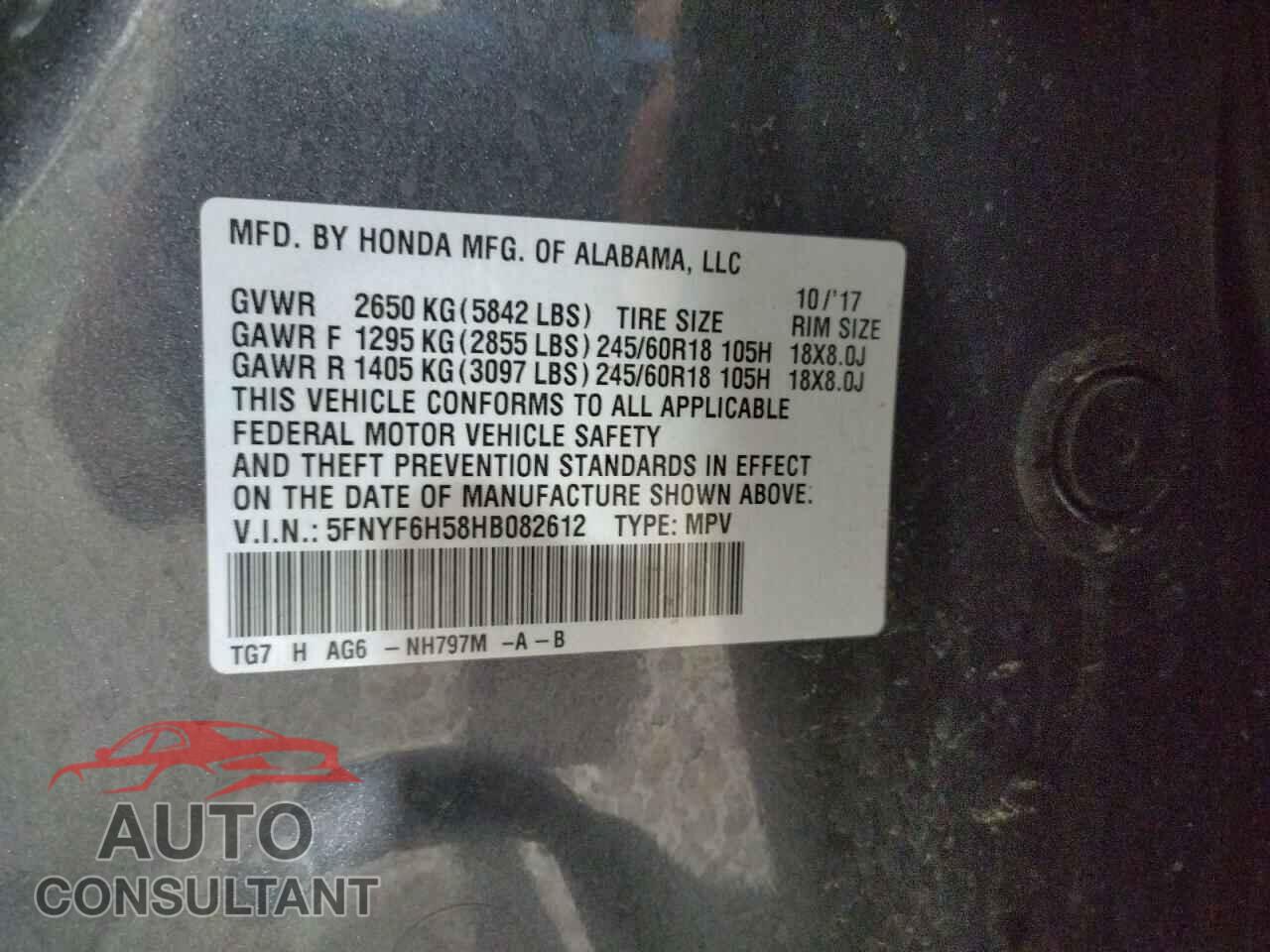 HONDA PILOT 2017 - 5FNYF6H58HB082612