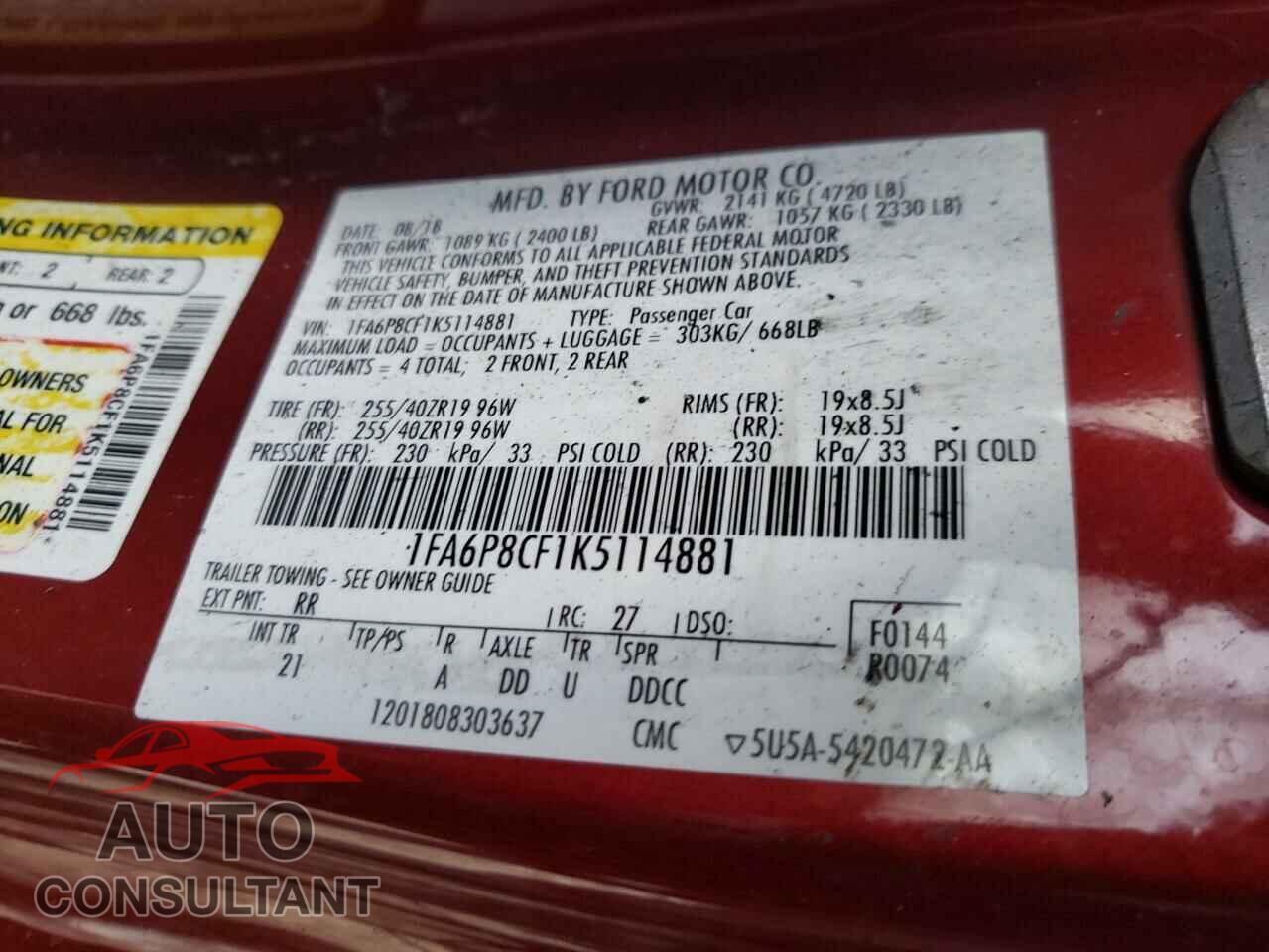 FORD MUSTANG 2019 - 1FA6P8CF1K5114881