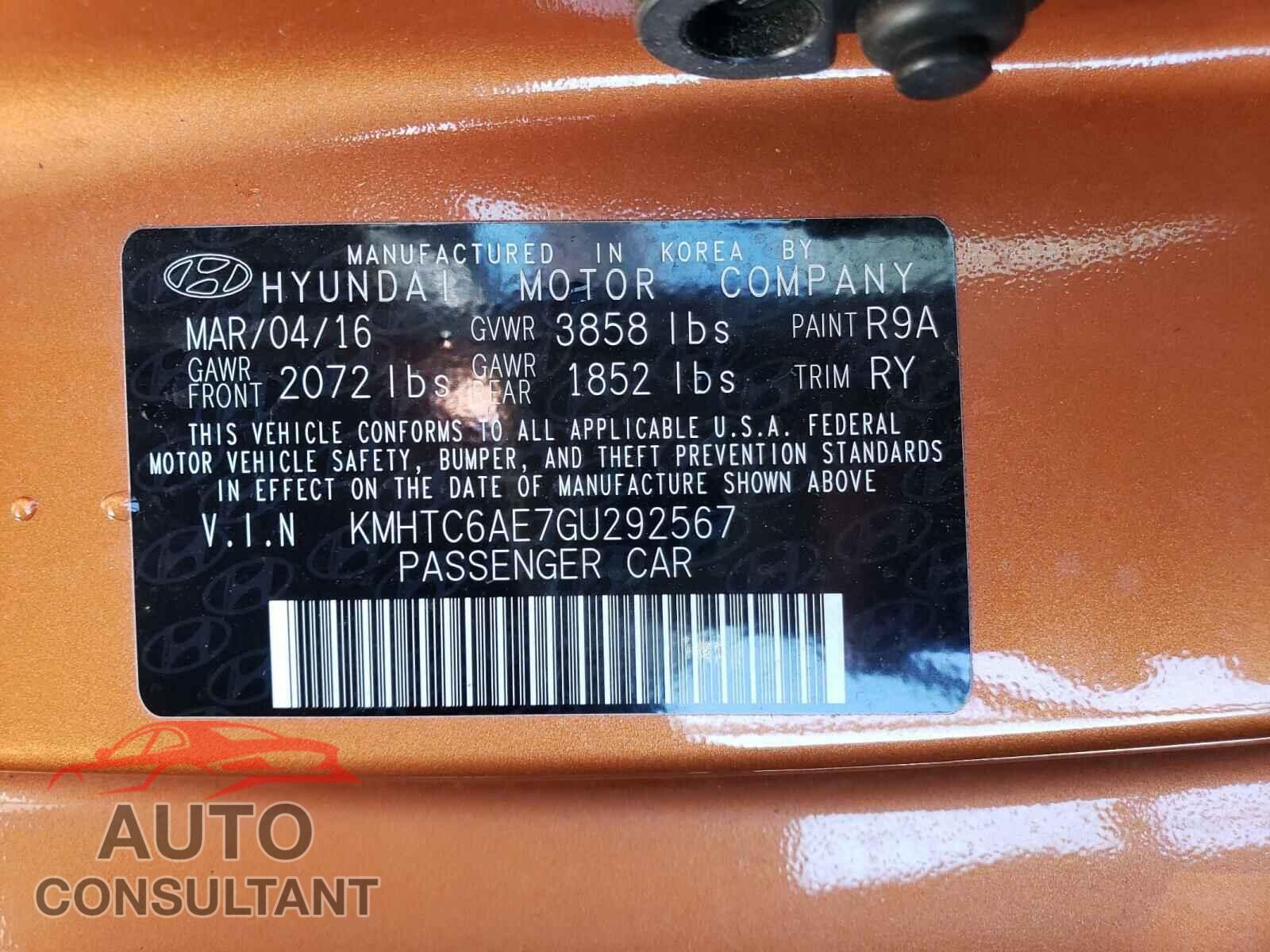 HYUNDAI VELOSTER 2016 - KMHTC6AE7GU292567