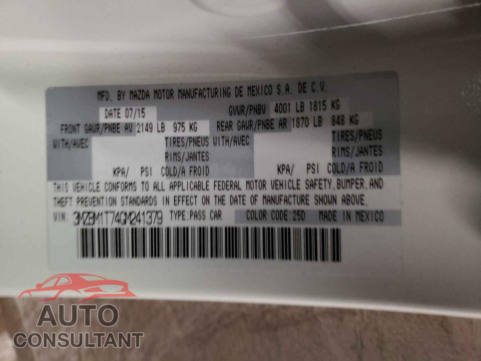 MAZDA 3 2016 - 3MZBM1T74GM241379
