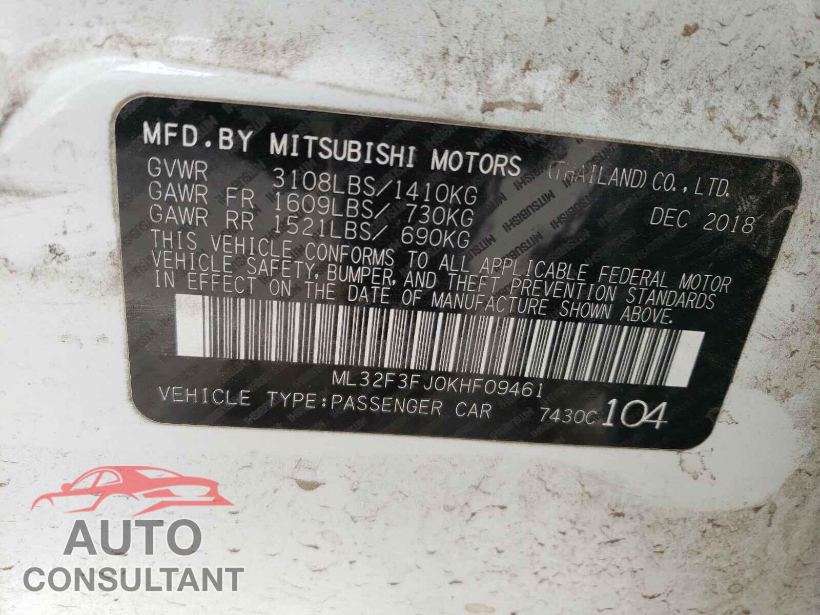MITSUBISHI MIRAGE 2019 - ML32F3FJ0KHF09461