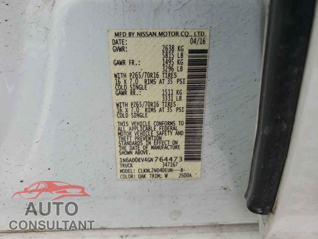 NISSAN FRONTIER 2016 - 1N6AD0EV4GN764473
