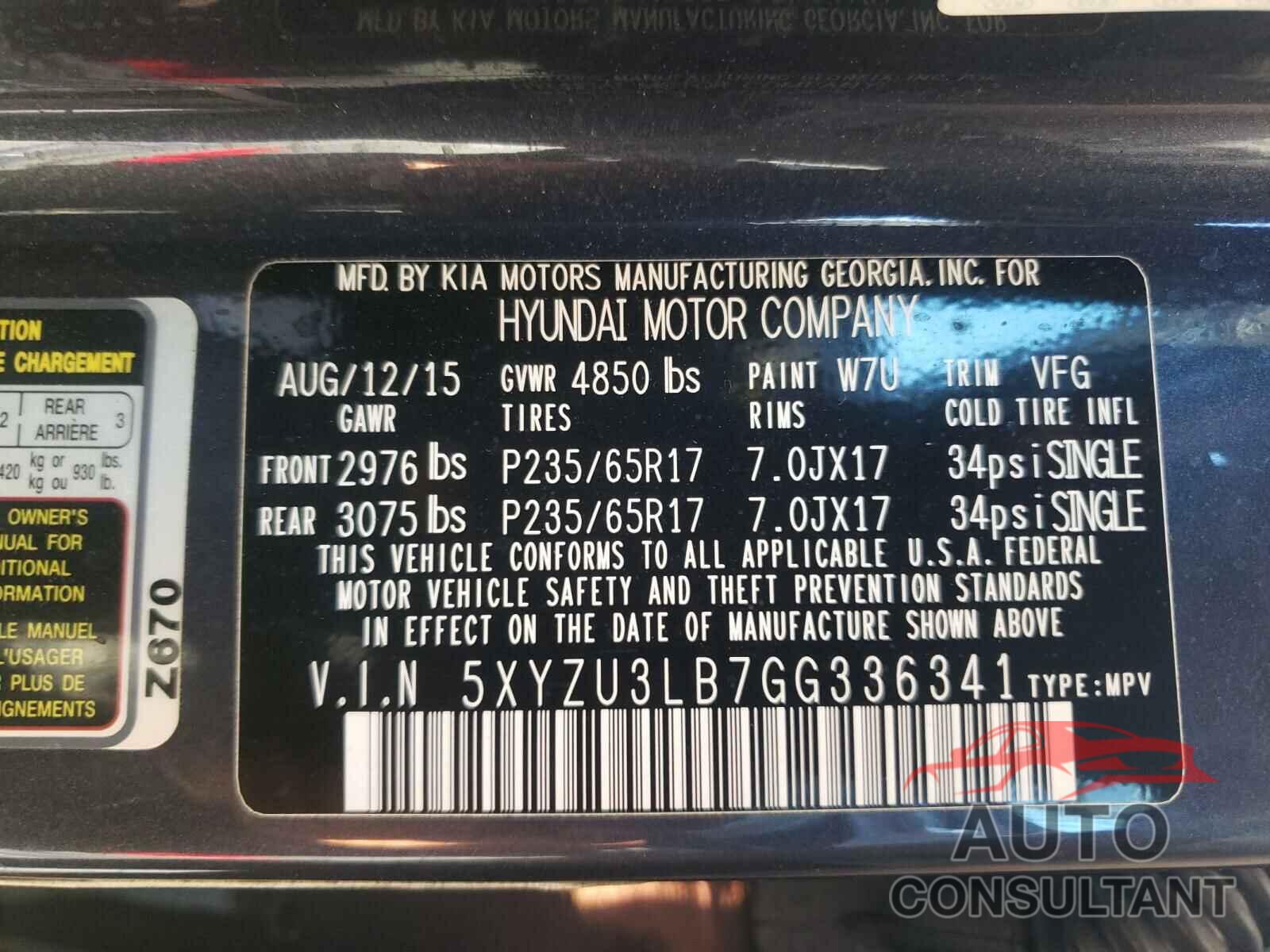 HYUNDAI SANTA FE 2016 - 5XYZU3LB7GG336341