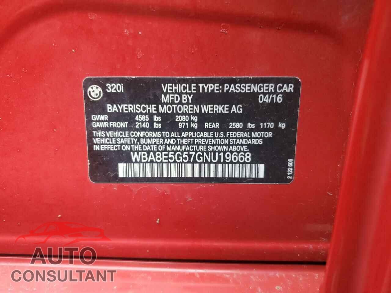 BMW 3 SERIES 2016 - WBA8E5G57GNU19668