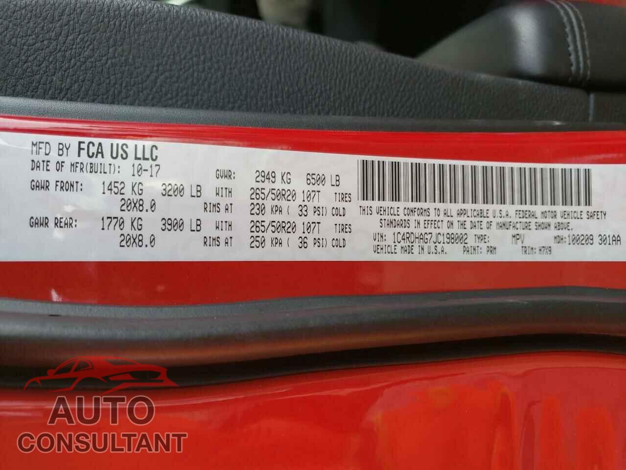 DODGE DURANGO 2018 - 1C4RDHAG7JC198002