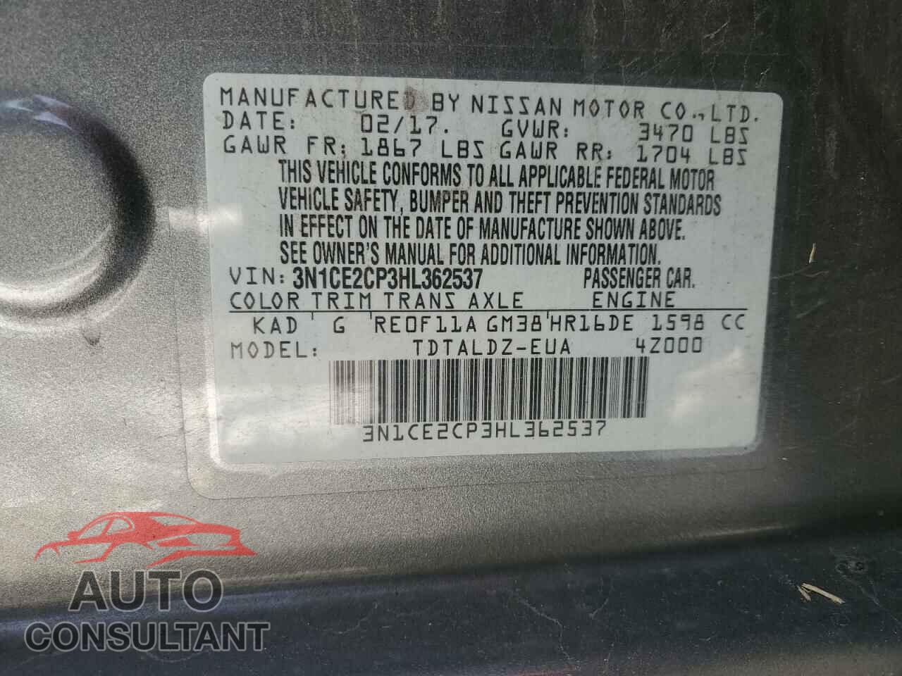 NISSAN VERSA 2017 - 3N1CE2CP3HL362537